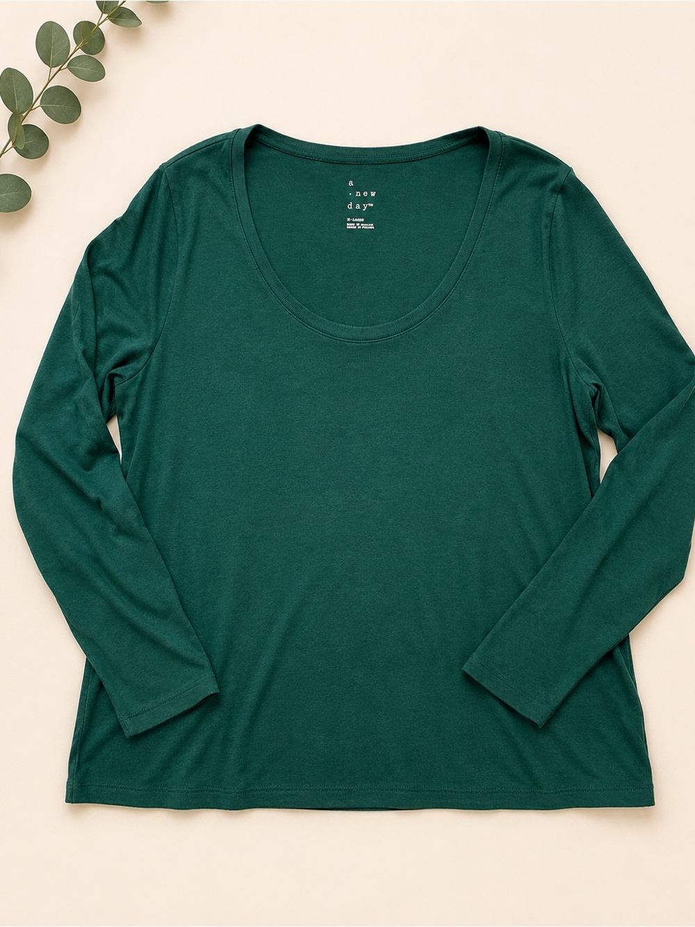 A New Day Green Ribbed Long Sleeve Scoop Neck Top XL